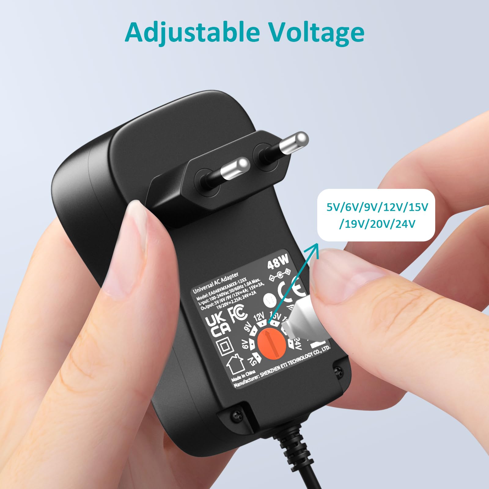 48W Adaptateur Secteur Universel AC DC 5V 6V 9V 12V 15V 19V 20V 24V 2A 3A 4A Chargeur Multi-Tensions avec 10 Fiches CC pour l'électronique Domestique, Contient USB-C