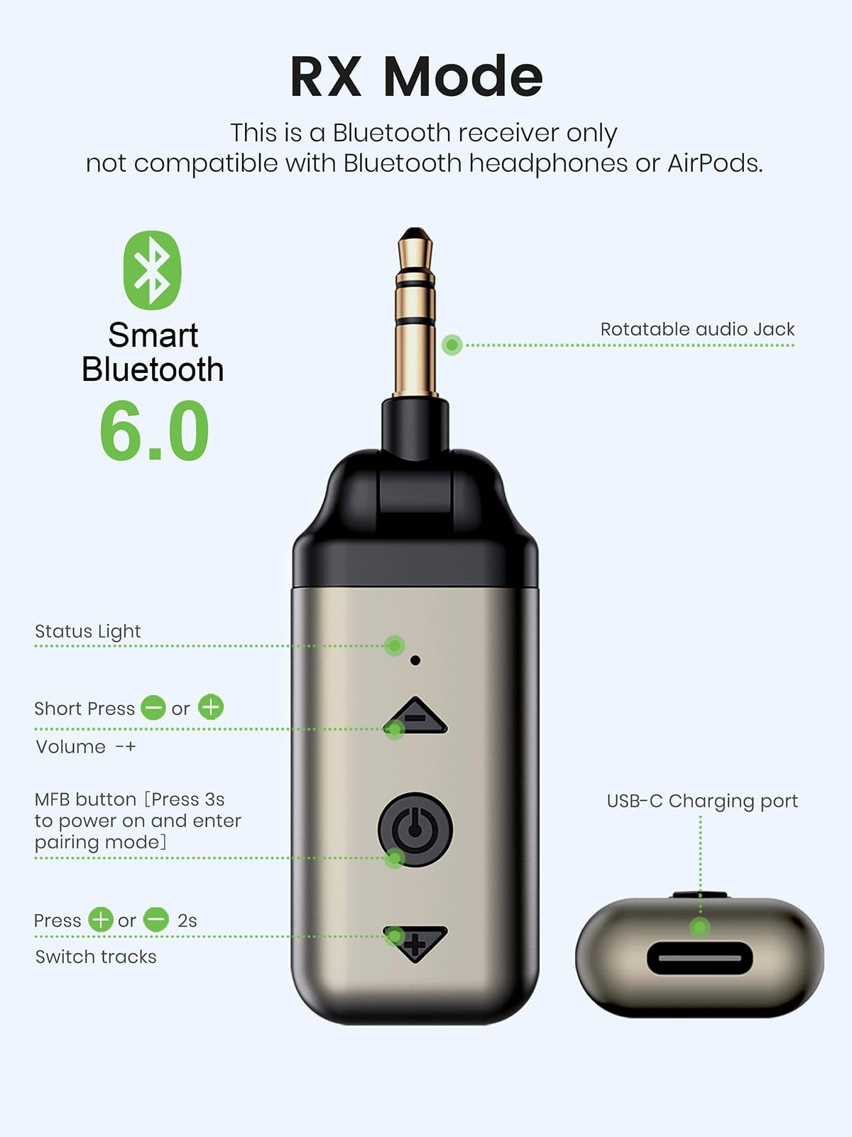 HVMLAK Récepteur Bluetooth 5.3 Jack, Adaptateur Bluetooth Voiture avec Jack 3.5 Rotatif pour Home Stéréo, Contrôle du Volume et des Pistes, Appels Mains Libres, Boîtier en Métal