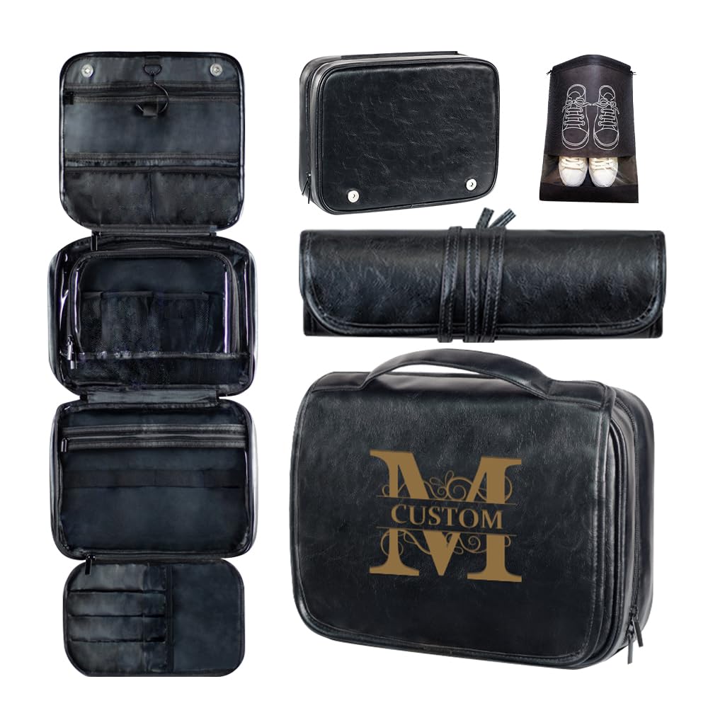 HDSD Custom Men‘s 3-in-1 PU Leather Toiletry Bag Personalized Hanging Travel Organizer Bag for Father Husband Boyfriend (Black)