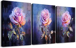 DZRWUBHS Canvas Wall Decor for Bedroom Living Room Wall Pictures Rose Flowers Wall Art Painting Modern Office Floral Home Decorations Vintage Posters Minimalist Farmhouse Ready To Hang 3 Piece
