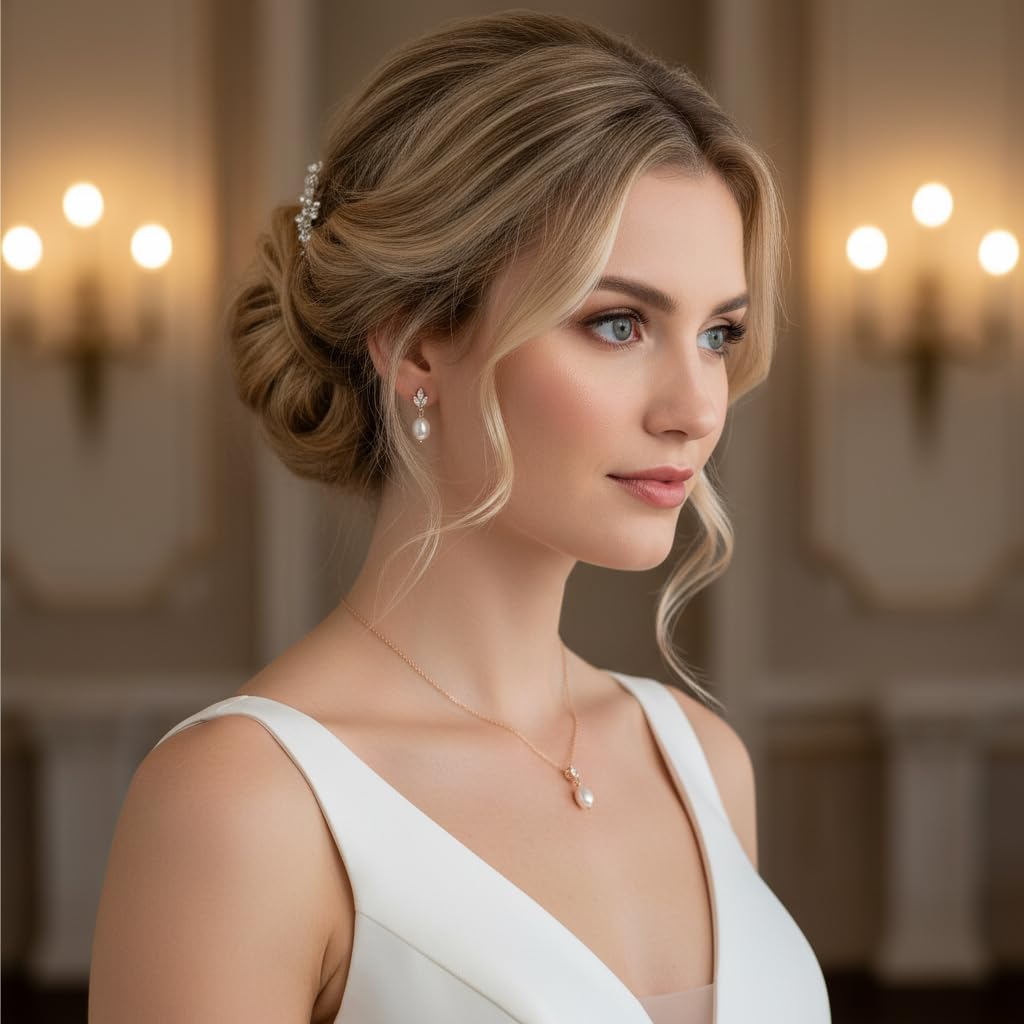 Rosegold 3er Perlen Schmuckset Halskette Ohrringe Armband Zirkonia Brautschmuck Hochzeit Kommunion Abiball Collier