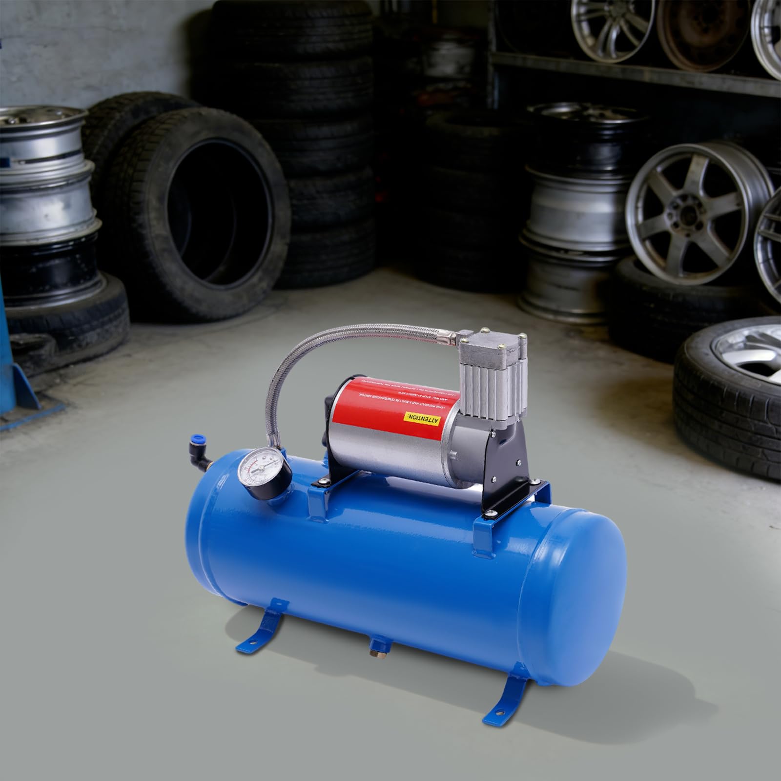 Compressore ad aria compressa, 6 litri, DC 12 V, compressore d'aria con manometro e tubo da 3,8 m, pressione di lavoro 90-120 psi, compressore d'aria per pneumatici di auto, motori di auto, biciclette