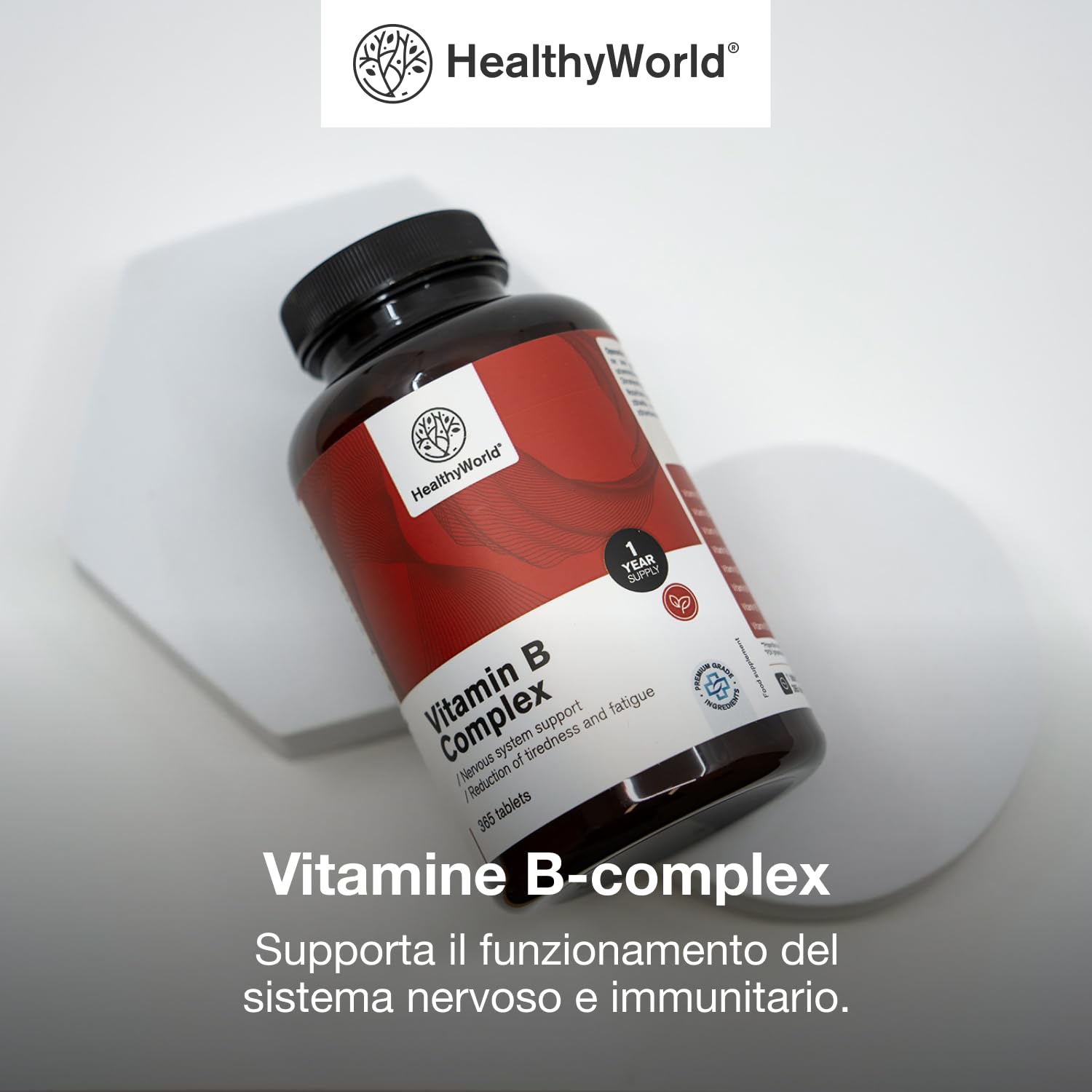 HealthyWorld® Vitamine B-complex - 365 compresse - Scorta Annuale - 8 vitamine del gruppo B - B1 B2 B3 B5 B6 B7 B9 B12 - Aumento di Energia, contro la Stanchezza - Supporto Completo del Corpo