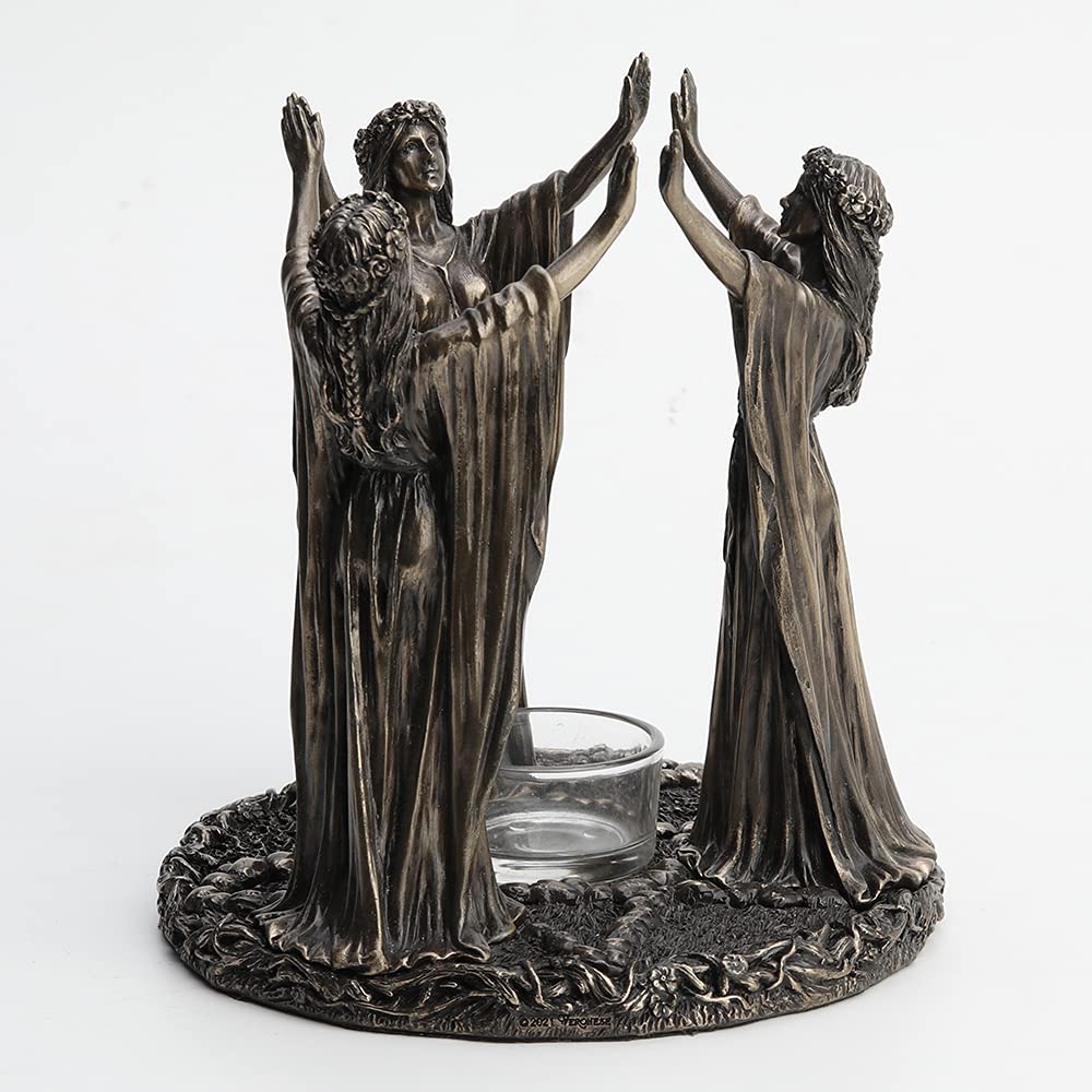 Veronese Design 6 3/4 Pollice Alto Tripla Luna Dea Maidens Rituale Candela Tealight Titolare Freddo Cast Bronzato Resina Scultura Wiccan Alter Figurine Home Decor New Age Religioso Da Collezione
