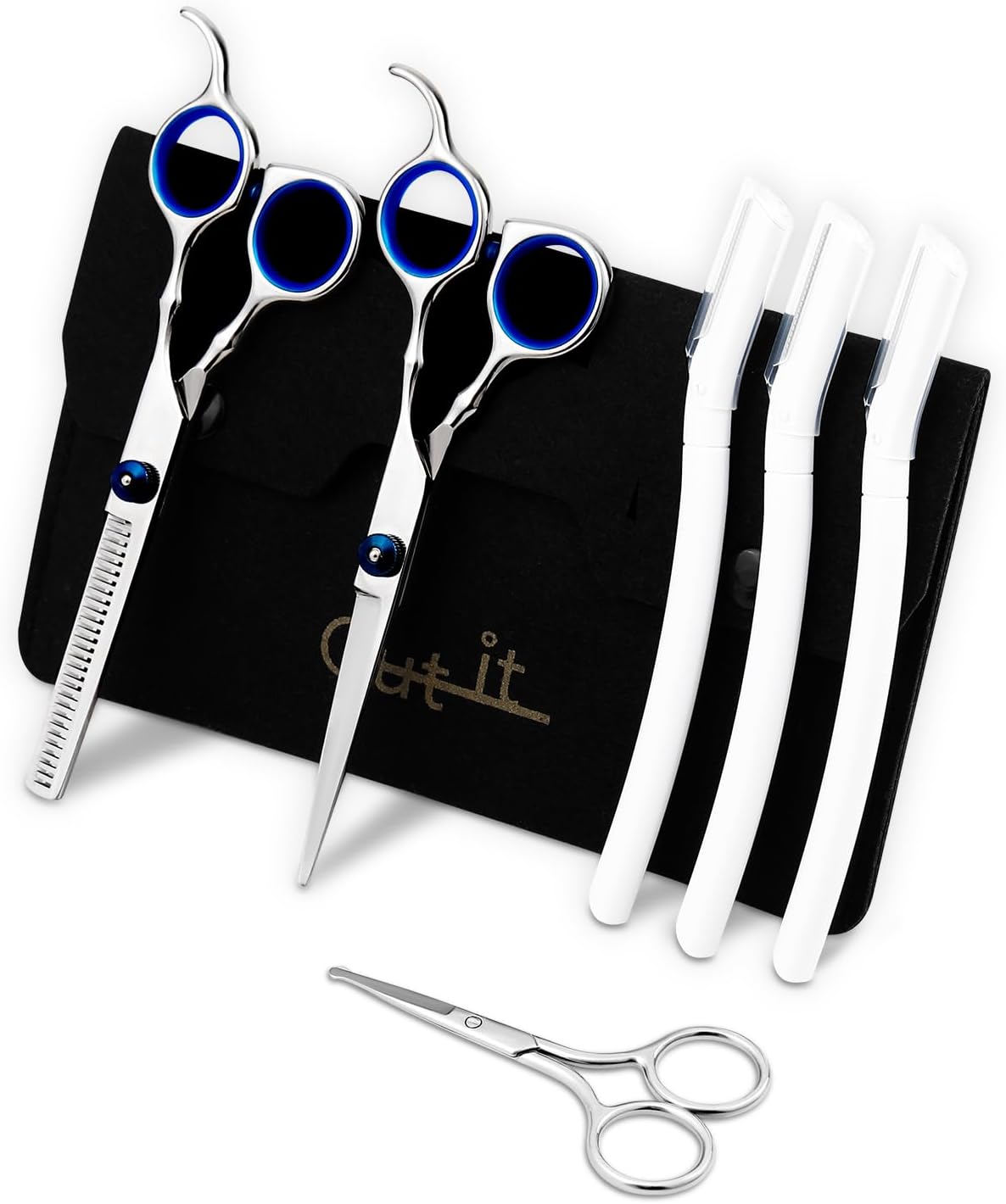 Hair Cutting Scissors Kit, Barber scissors for Home Use - 6.69" Hair Shears Set with Facial Razors & Mustache Scissor - Sharpness Stainless Steel Scissors for Barbers, Stylists & DIY Haircuts