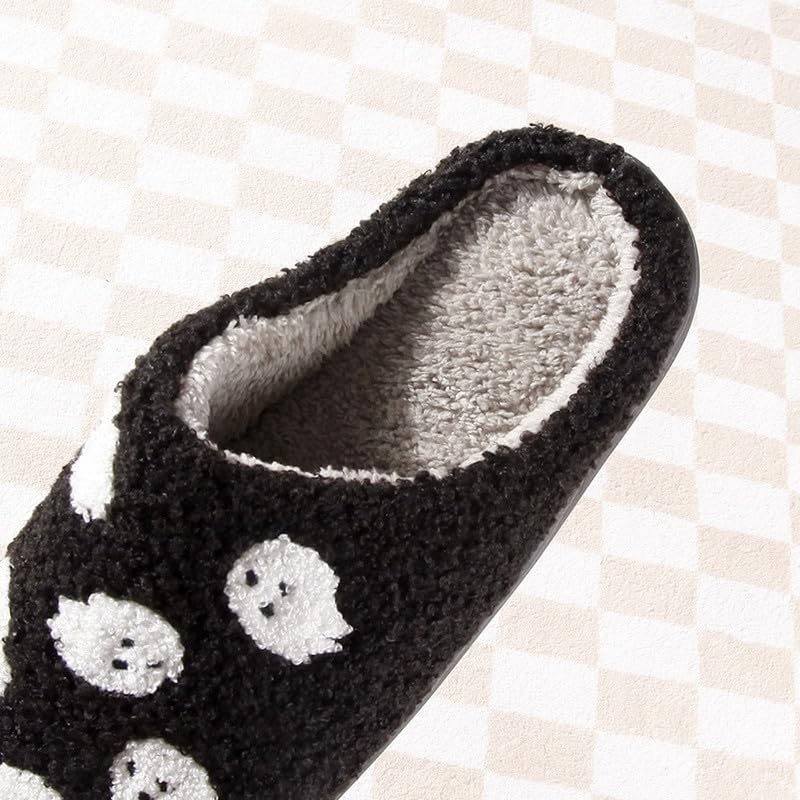 Ghost Black Fuzzy Slippers Women Halloween Slippers Indoor Bedroom Winter House Slippers Soft Plush Fluffy Slippers2