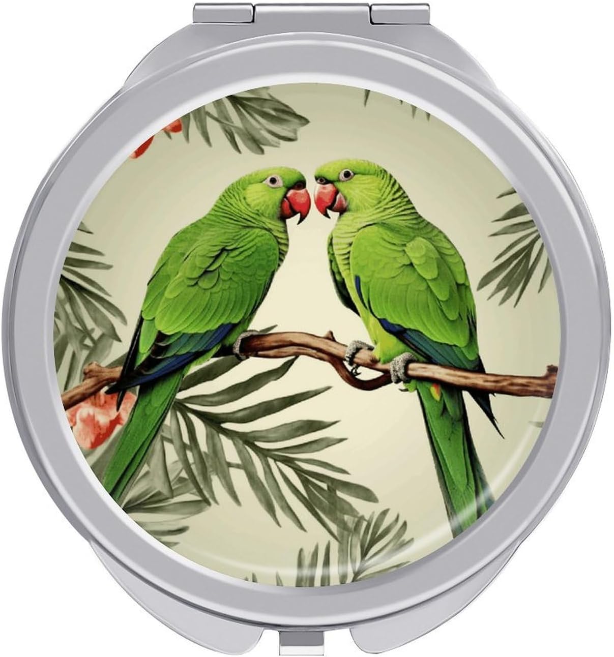 Couple Parrots Olive Makeup Mirror Compact Travel Makeup Mirror Silver Mirrors Surface Folding Makeups Light and Compact Makeups Mirrors for Suitable Handbag and Purses