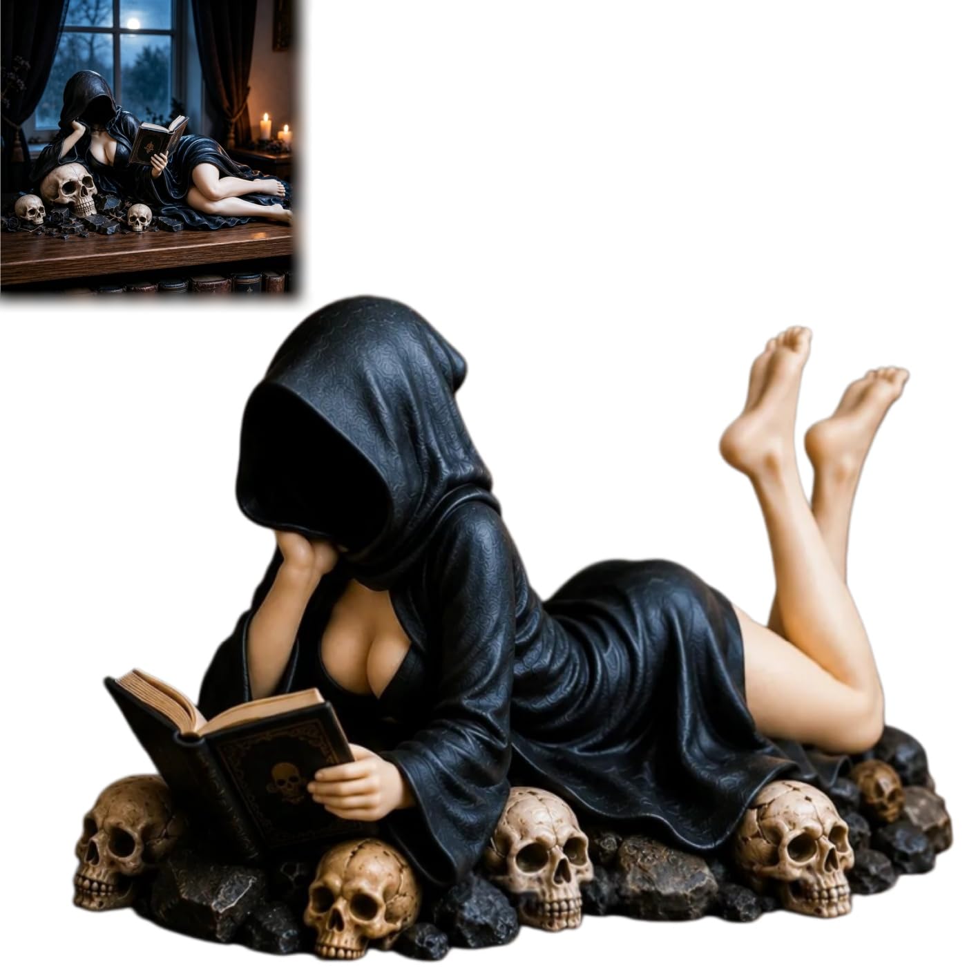 Generico Gothic Hooded Reader Figurine, Halloween Dark Fantasy Figure, Faceless Black Robe Resin Statue with Book Skull Accents, Book Lover Gifts for Library,Desk & Home Decoration