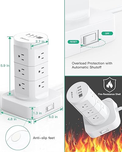 Miniatura 6 de Torre de regleta de alimentación con protector de sobretensiones  12 tomas amplias con 4 puertos USB (1 USB C), cable de extensión resistente de 6