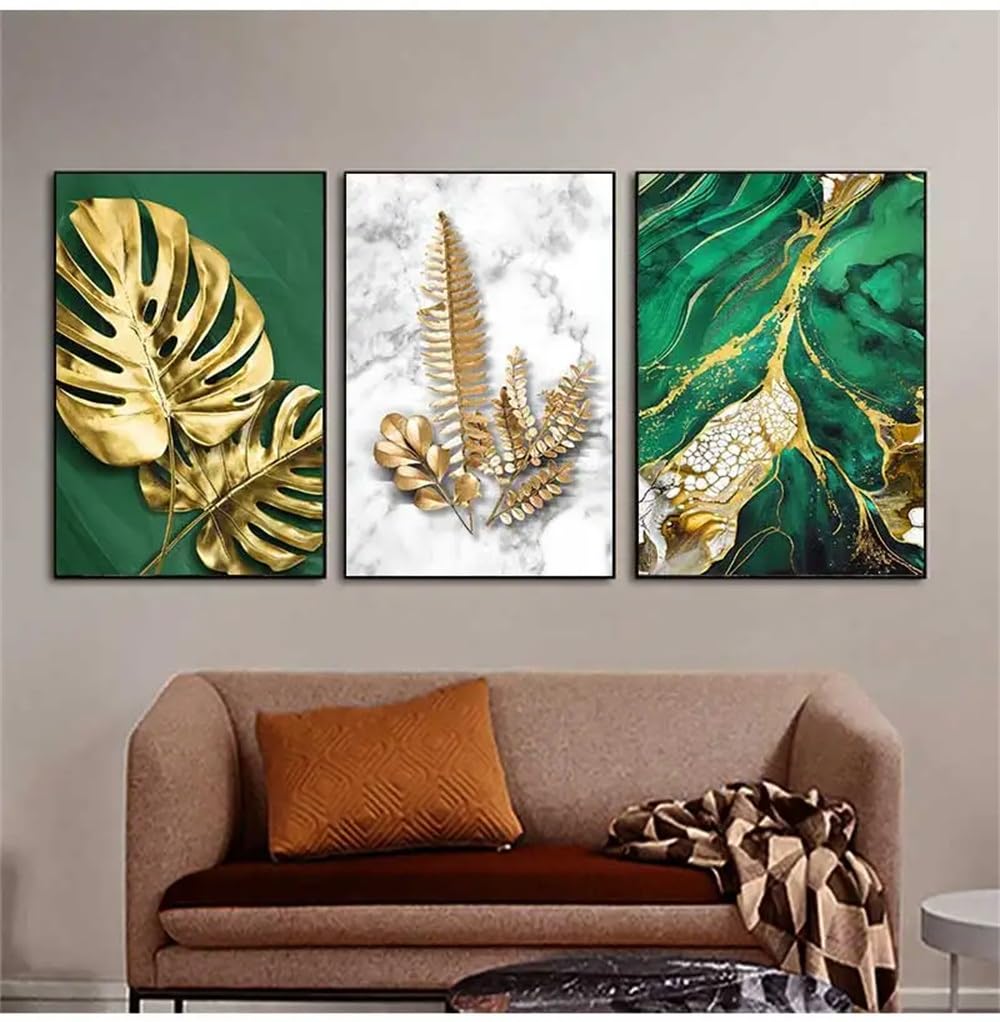 WUHBCZ Art Pictures-Golden Leaves Wall Art Canvas Painting Abstract Green Marble Texture Gold Foil Artwork Poster Prints Pictures for Living Kitchen Home Decor-50 * 70cm/3PCS (No Frame)