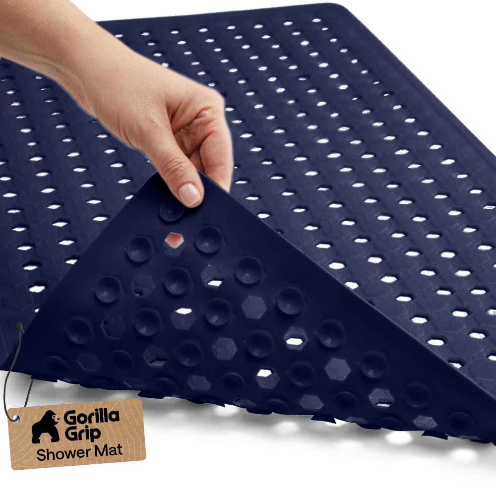 Patented Bath Tub Shower Mat, Machine Washable Bathtub Floor Liner Mats, Suction Cups and Drain Holes to Keep Tubs Clean, Soft on Feet, Bathroom Essentials, 35x16 Inch, Navy Opaque