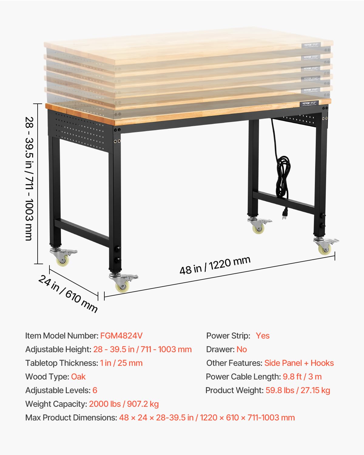 VEVOR Werkbank 1220x610x711-1003mm, 907 Tragkraft, Werkbank mit Steckdose, Rädern und Stecktafel, robuster Arbeitstisch mit Eichenholzplatte für Garage, Werkstatt, Büro und Zuhause