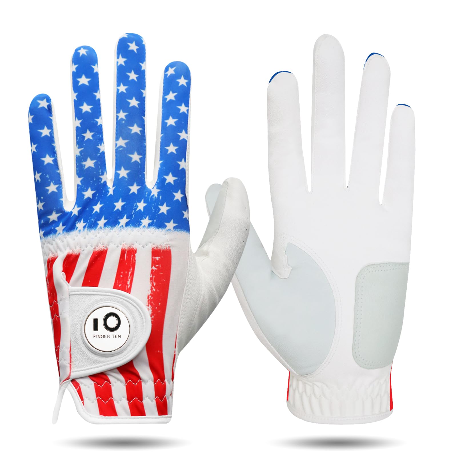 FINGER TEN Golf Gloves Men Left Hand Right with Ball Marker Cabretta Leather Weathersof Value Pack,Mens Golf Glove Fashion Pattern Wear Resistant (Cyan
