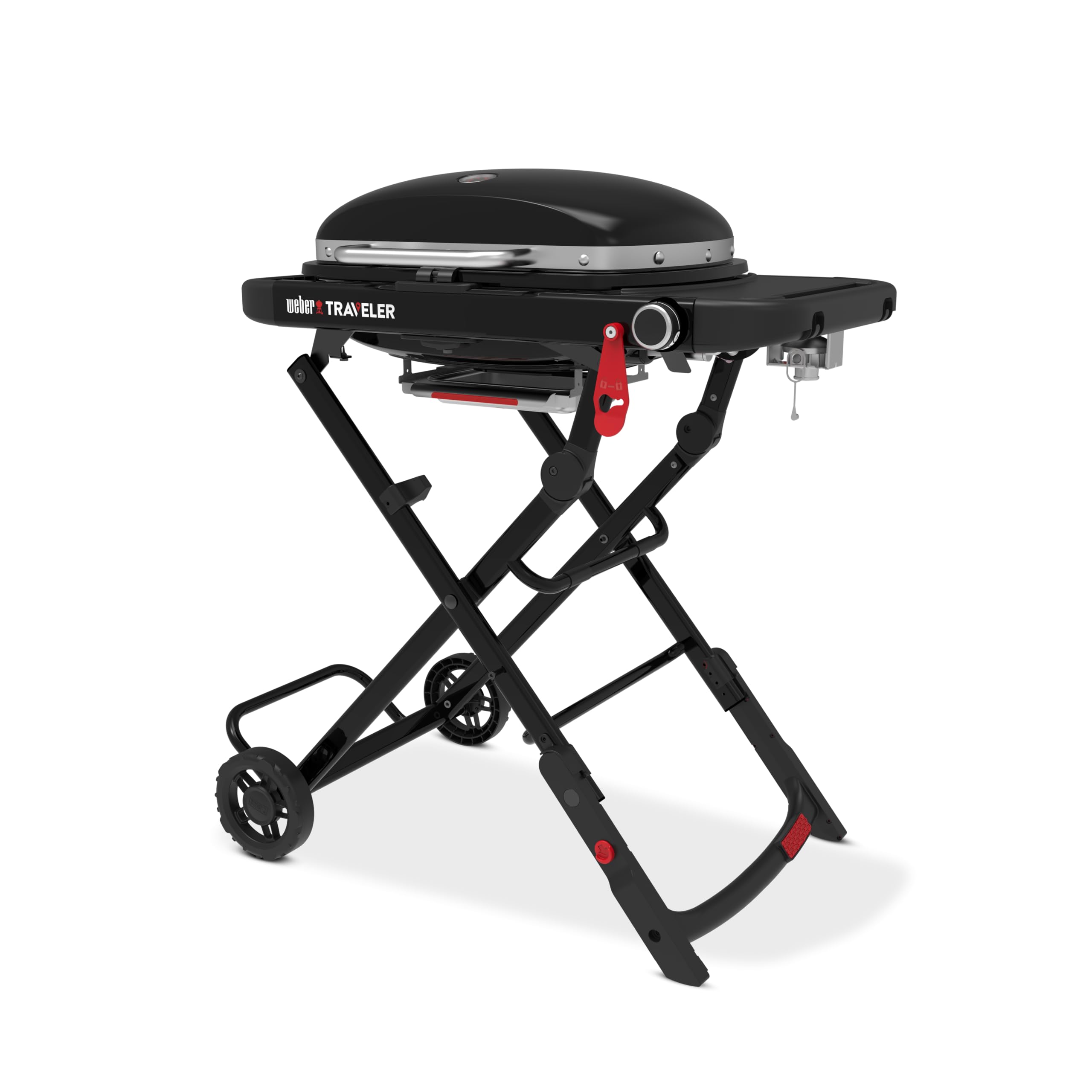 Weber Traveler Compact Gasgrill/Klappbarer und tragbarer Gasgrill mit Rädern, automatischer Deckelverriegelung und integriertem Thermometer, 1 Brenner, Grillfläche 52 x 36 cm, schwarz