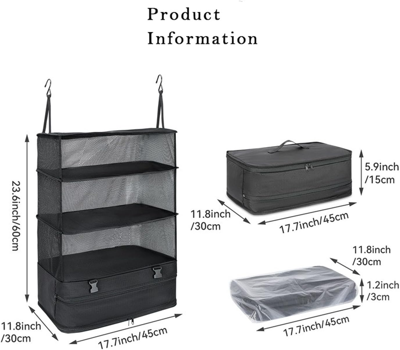 Portable Hanging Travel Shelves Bag 3-Shelf Large Capacity Travel Collapsible Compression Garment Organizer Suitcase Closet with 2 Hooks, Black