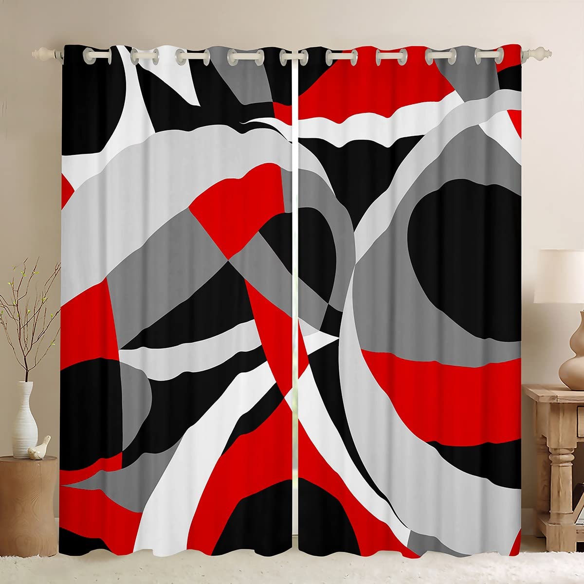 Homemissing Red Grey and Black Darkening Dreapes Abstract Stripe Swirl Window Curtains Swirl Blackout Curtains Retro Stripe Swirl Window Treatments Modern Abstract W46*L54 — image 1