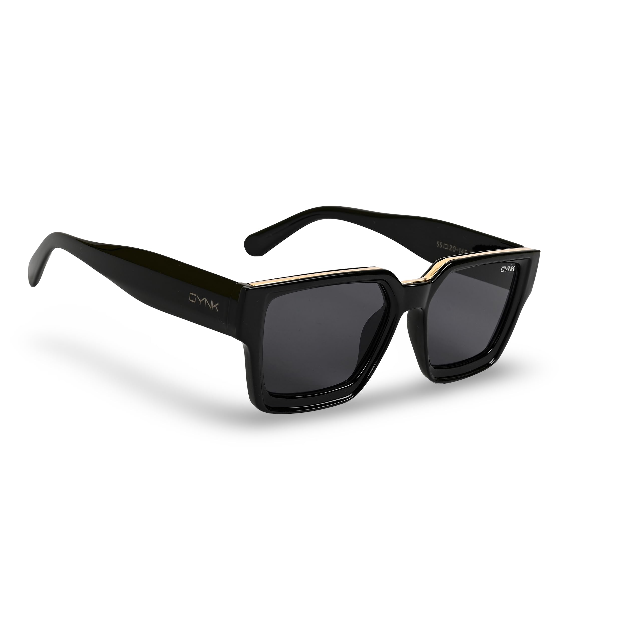 GYNK Premium Square Sunglasses, Black Frame with Gold Accent, Oversized Fashion Eyewear for Men