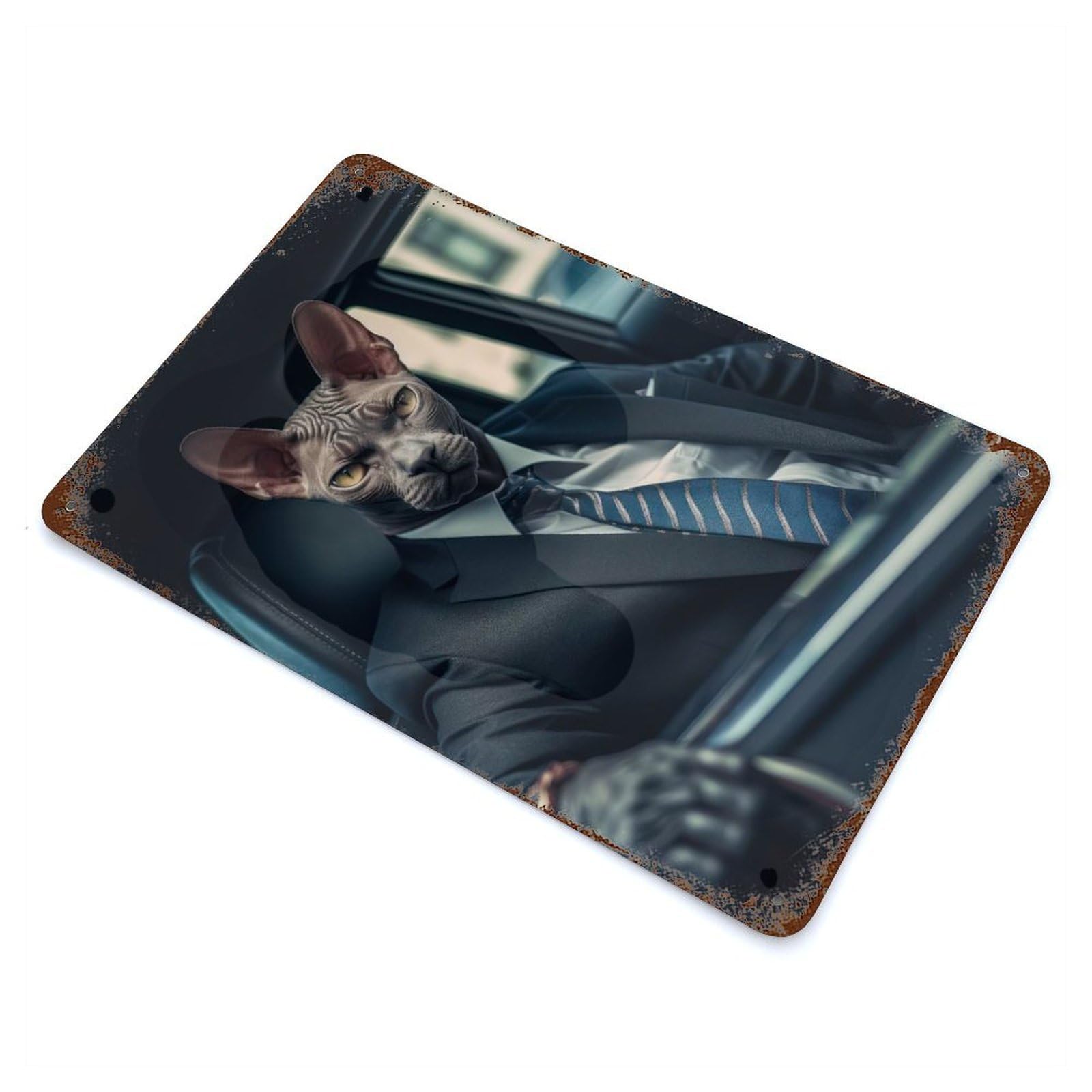 Decorative Tin Sign with Sphynx in Suit Design 11.8"x7.9", for Basement, Hobby Room And Garage Decor, Rustic Home Decor