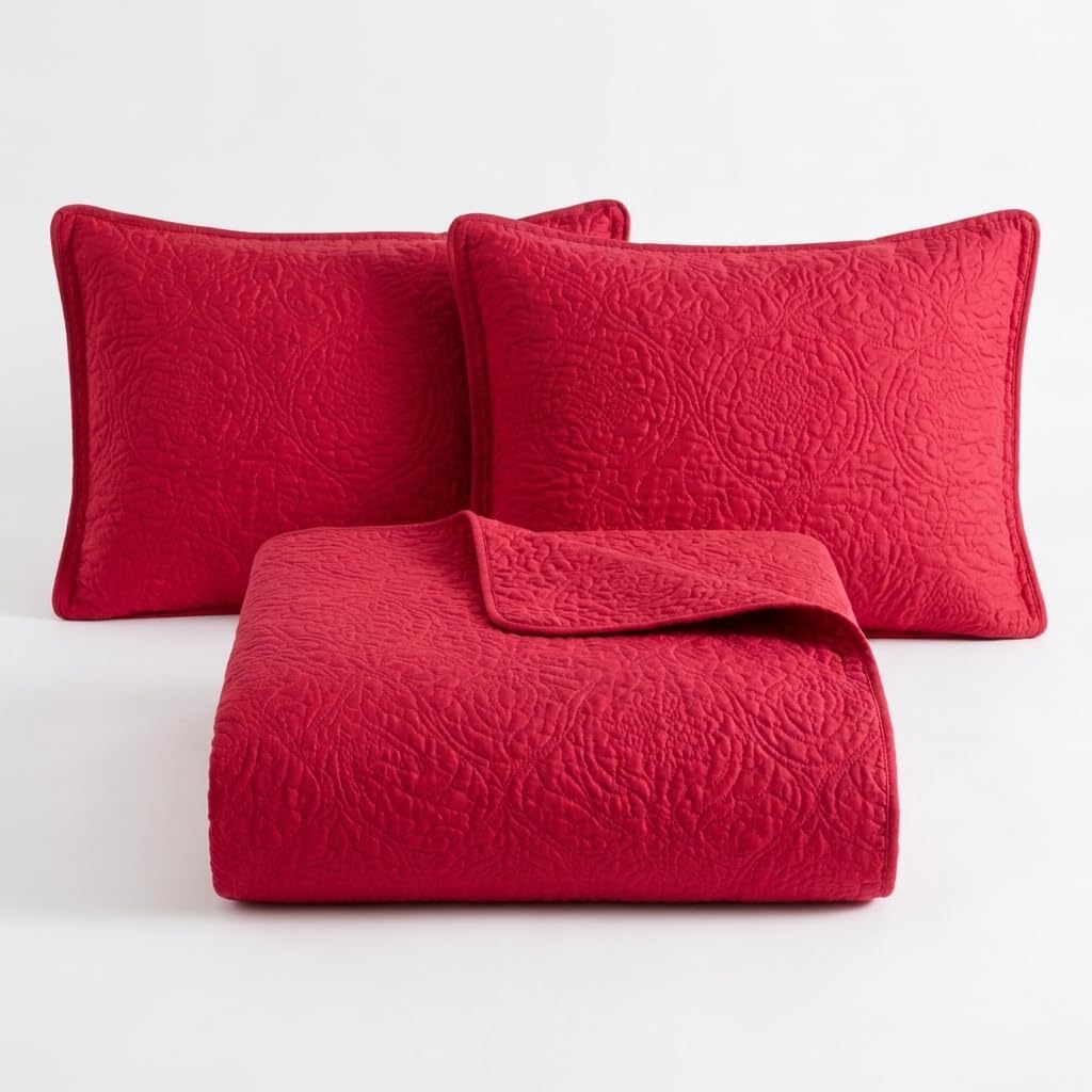 StylemyBedroom Ultrasonic Floral Bedspread Set - Soft Microfiber Quilted Coverlet for All Seasons - Includes Matching Pillow Shams (Red, Double)