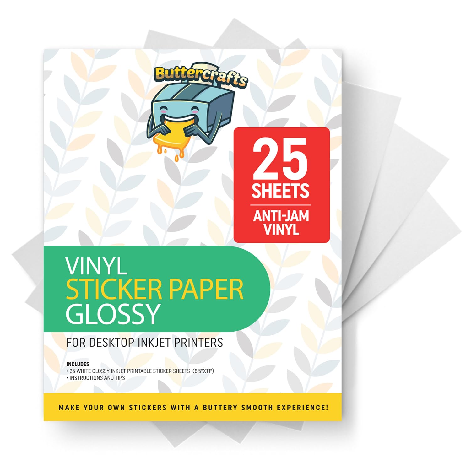 Glossy White Printable Vinyl Sticker Paper - 25 Letter Size Sheets (21.59 cm x 27.94 cm) - Waterproof Sticker Paper for Printer