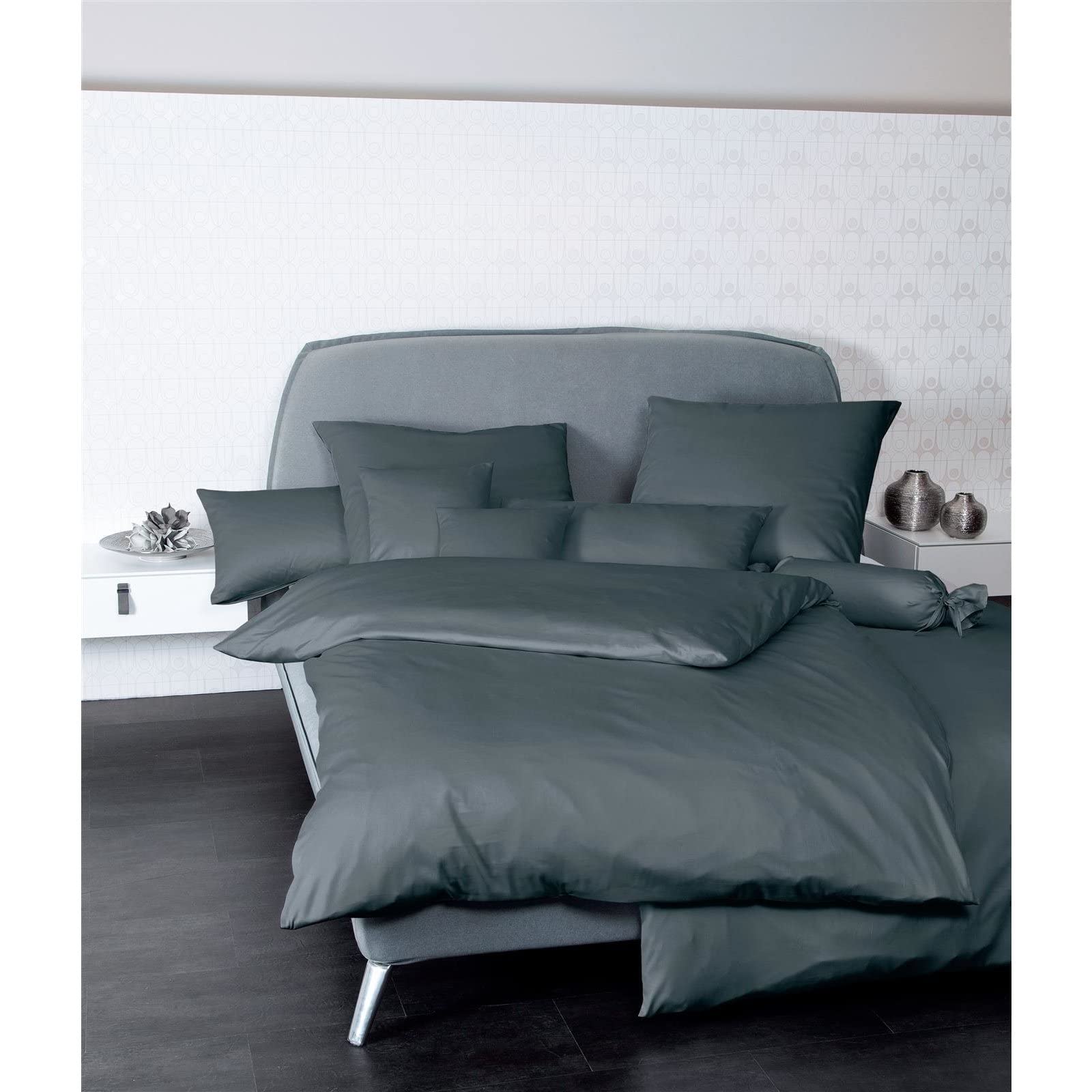 Janine Colors 31001 - Biancheria da letto in cotone makò effetto raso, tinta unita, 135 x 200 cm, 100% cotone, anthrazit, 135 x 200 cm + 80 x 80 cm