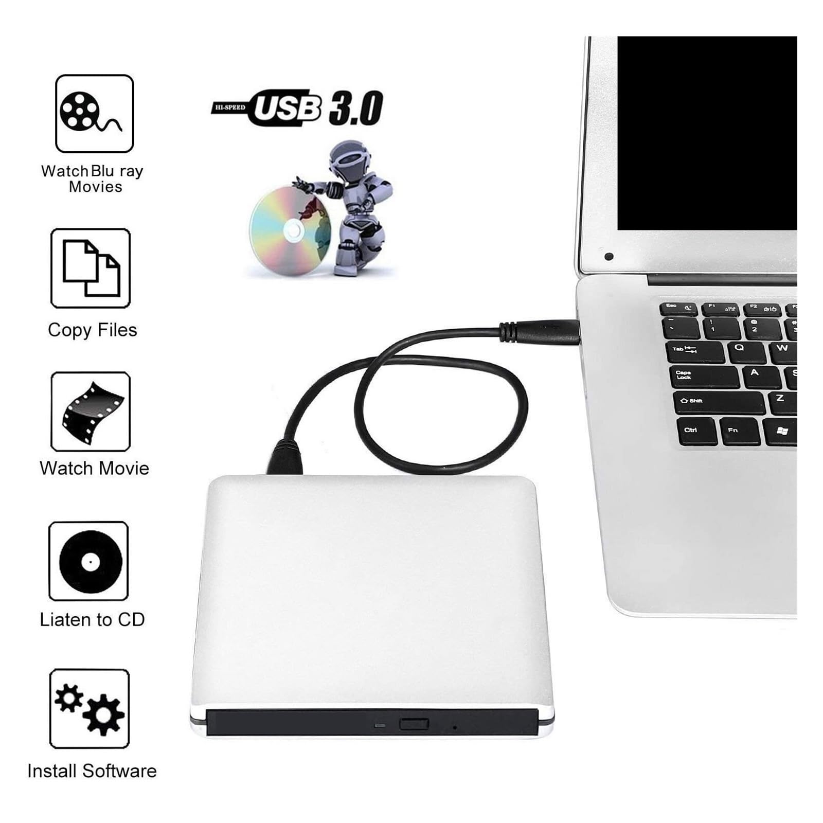 Ultracienki Zewnętrzny Napęd Optyczny Z Nagrywarką Blu-Ray 4K, USB 3.0, Odtwarzaniem DVD, Nagrywarką CD/DVD Blu-Ray R/W 3D