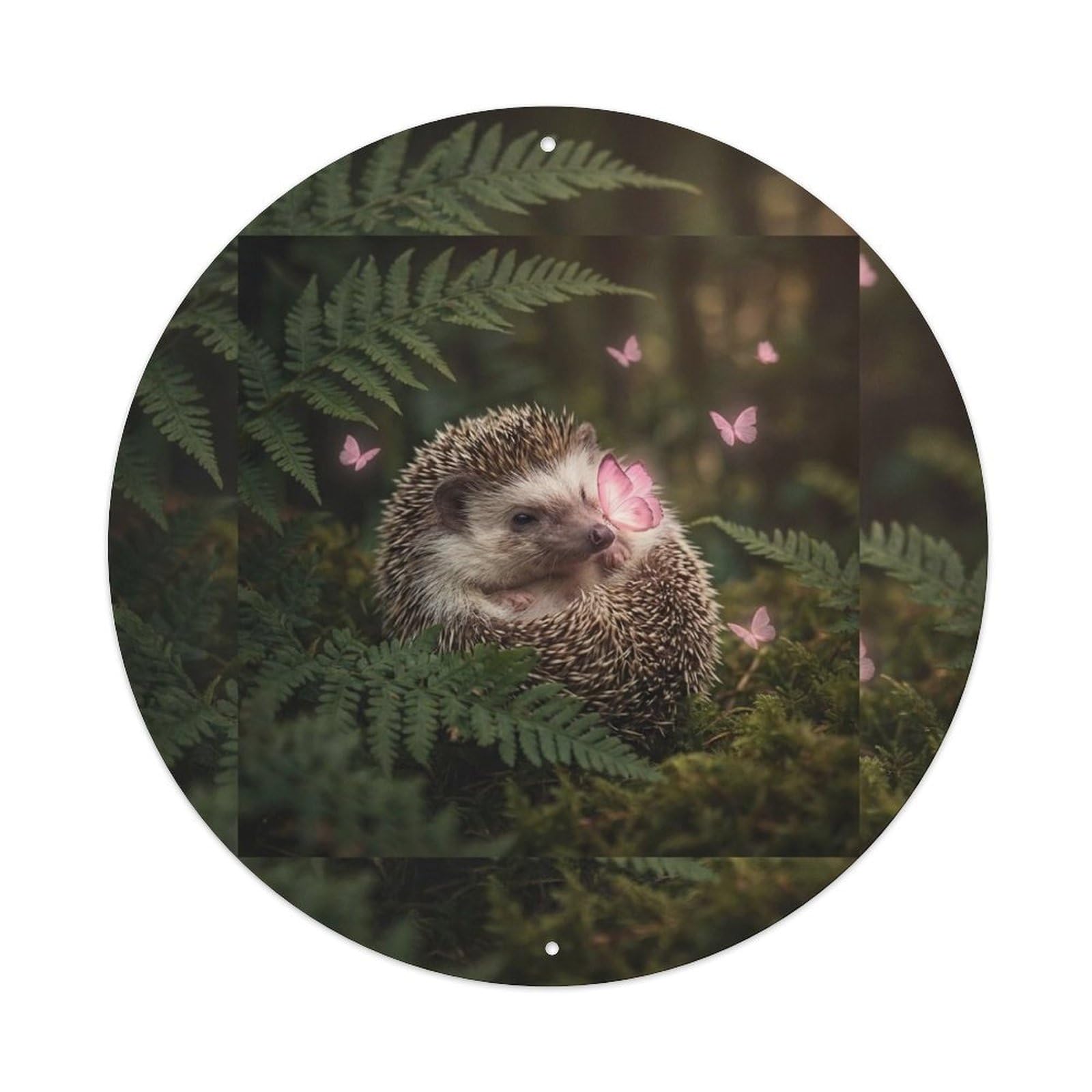 Hedgehog Cute Wildlife Pink Butterfly Woodland Pastel Kawaii Metal Tin Sign Plaque Wall Decor for Cafe, Man Cave, Club Bar, Office, Home Garden Round Metal Poster 8x8Inch