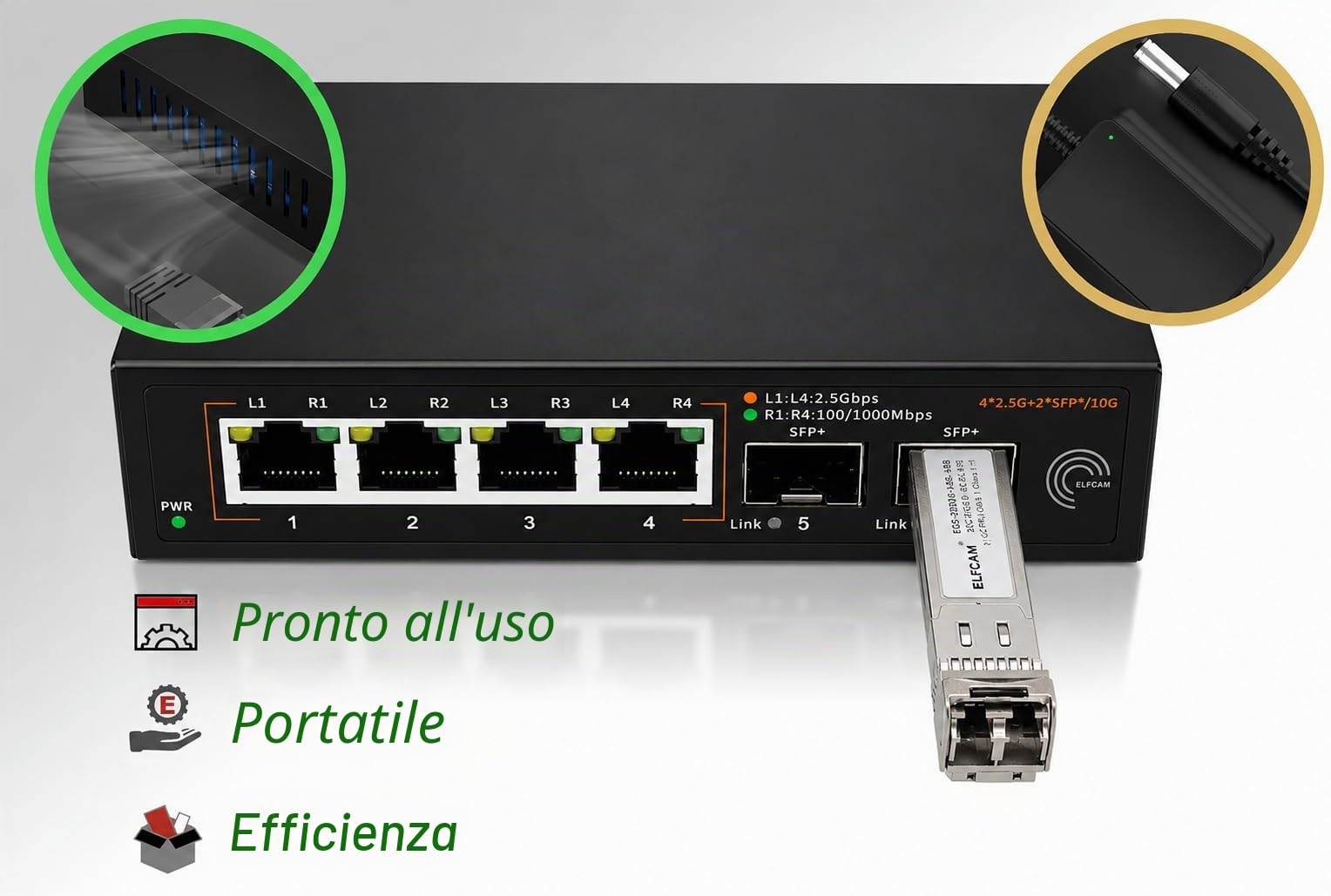 Elfcam® - 10 Gb Switch in fibra ottica compatibile con Freebox Ultra, con 2 porte 10G SFP+ e 4 porte 2,5 Gigabit Ethernet RJ45, Plug & Play non gestito (2 porte 10Gb SFP+ e 4 porte 2,5G RJ45)