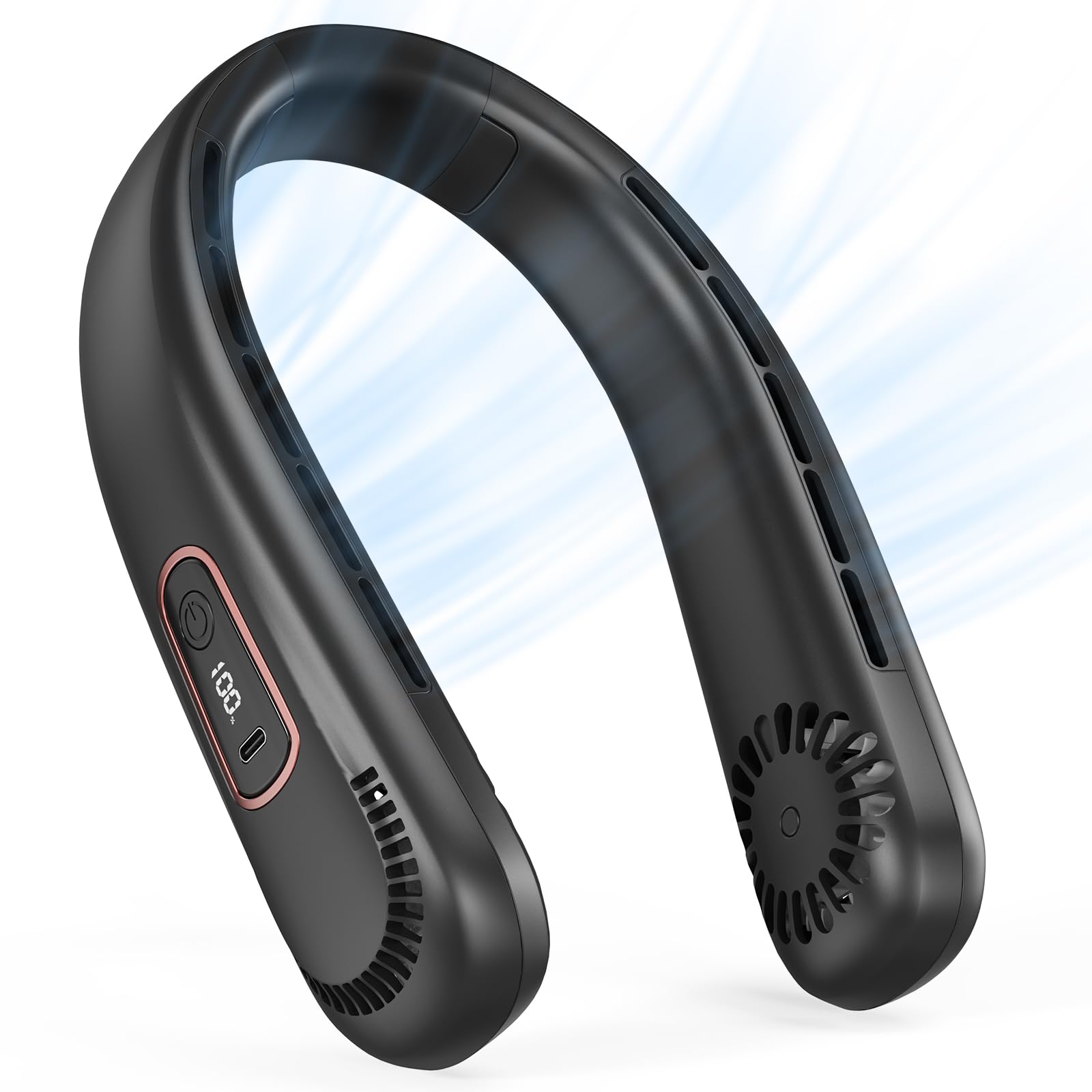 Ventilador de Cuello USB, Flujo Aire 360° Recargable 5000mAh, 3 Velocidades Pantalla LED, Silencioso Sin Aspas Portátil, Mujer Hombre Oficina Viajes, Negro