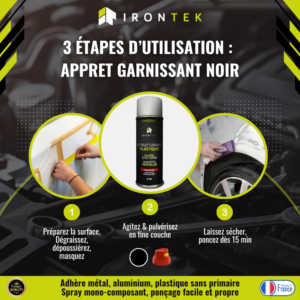 Apprêt Garnissant Carrosserie Noir 500ml - IRONTEK | IT143 | Mono-Composant Sans Primaire | Séchage Rapide Ponçage Facile | Auto & Moto | Formule Professionnelle