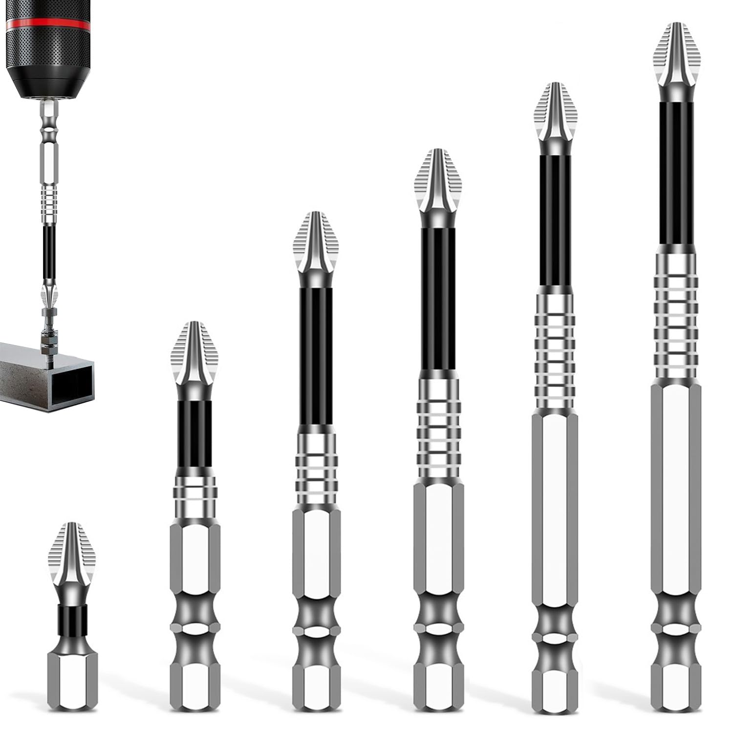 High Magnetic Screwdriver Drill Bit Set Electric Screwdriver Bits PH2 Impact Driver Bits Drill and Screwdriver Bit Set Anti-Slip Compatible with Electric Drills in 6 Sizes 25L 50L 60L 75L 90L 150L
