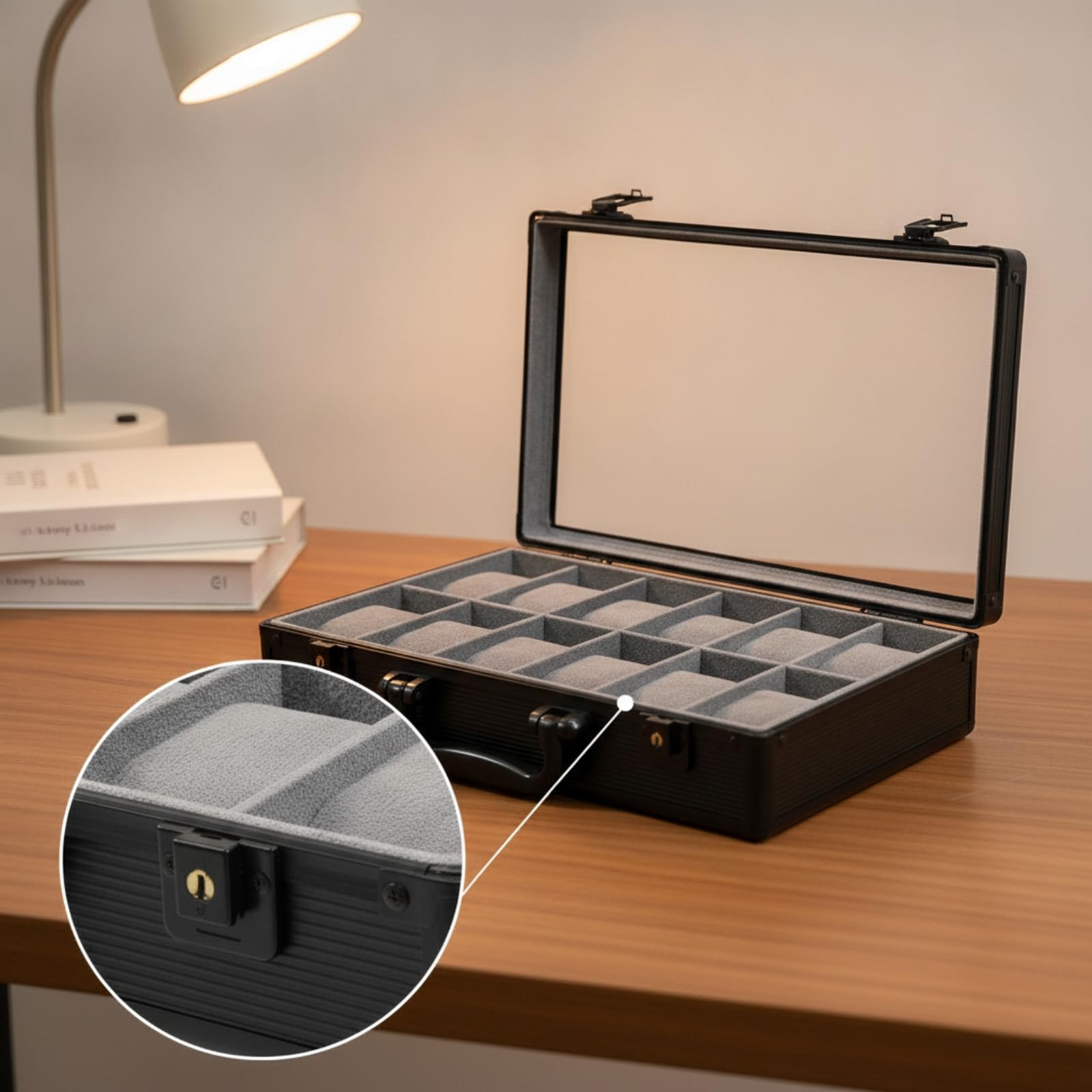 Contenitore Porta Orologi Scatola Espositore Organizer Valigetta Rivestimento Metallo Coperchio Trasparente Scomparti Imbottiti Adatto per Collezione Conservazione Casa Viaggi Negozio, Nero