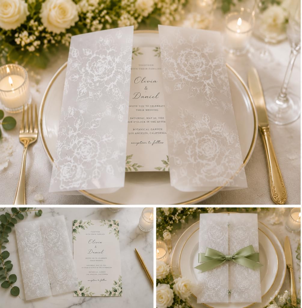PVWSG Floral Vellum Jackets for 5x7 Invitations, 40 Pack