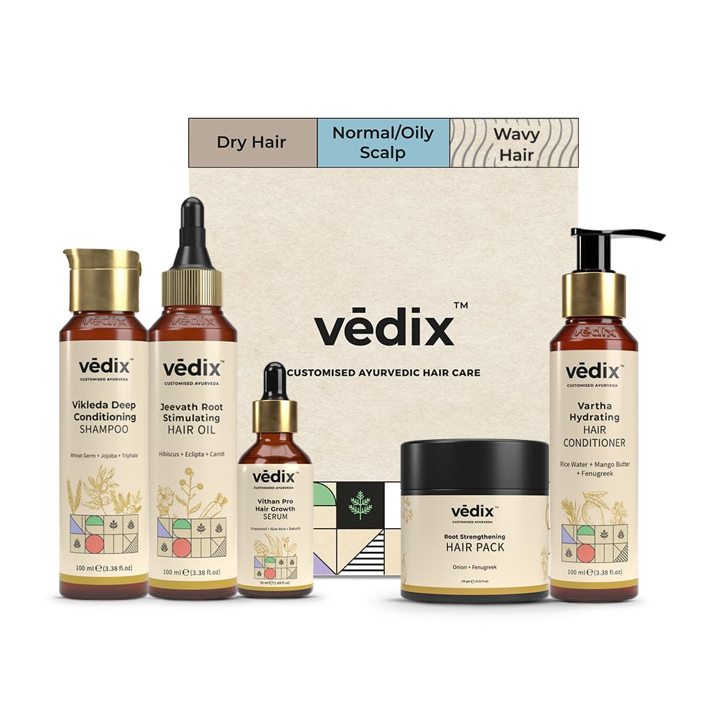 Vedix Ayurvedic Hair growth Kit | 5 product Kit | for Dry Hair, Normal - Oily Scalp, Wavy or Curly Hair | Vedix Hair Oil, Shampoo, Serum, Mask, Conditioner Set