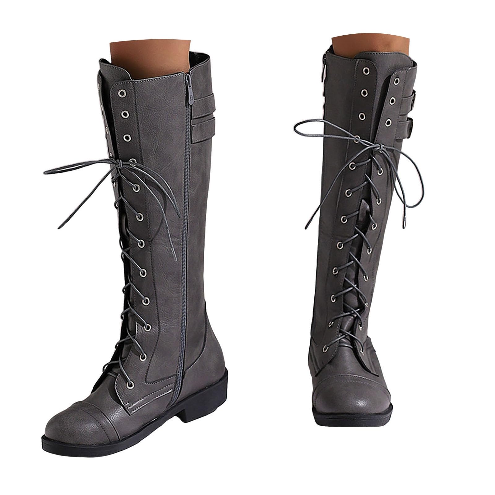Botas de mujer con cordones en la parte delantera, tacón bajo, cremallera lateral y cinturón, hasta la pantorrilla, botas occidentales para mujer