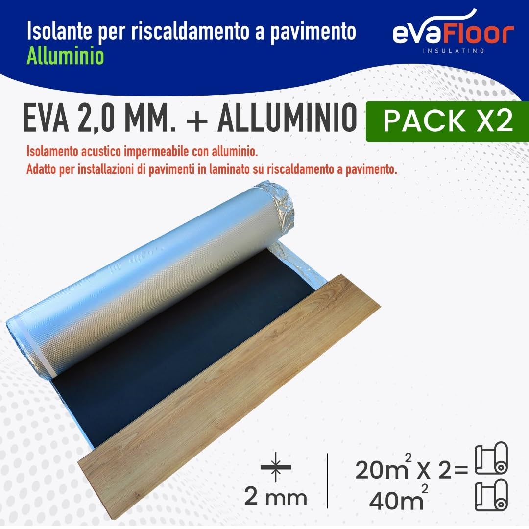Pack 2 Sottopavimento per Laminato Radiante in Alluminio 1x20 metri | Sottopavimento Isolante | Base in EVA 2mm + Strato in Alluminio | Include Adesivo