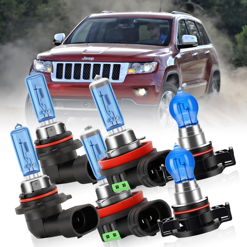 Halogen Headlight Bulbs Combo For Jeep Grand Cherokee 2011-2013 9005 High Beam H11 Low Beam and 5202 Fog Lights,100W 6000K White Car Replacement Light Bulbs, Pack of 6