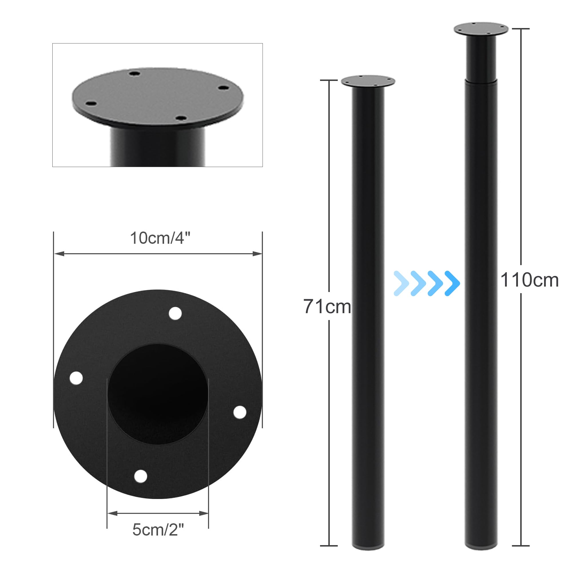 INMOZATA 1 gambe da tavolo regolabili in altezza, 70-110 cm, colore nero, in metallo, con protezione per pavimento e viti per comò, tavolo da pranzo, scrivania