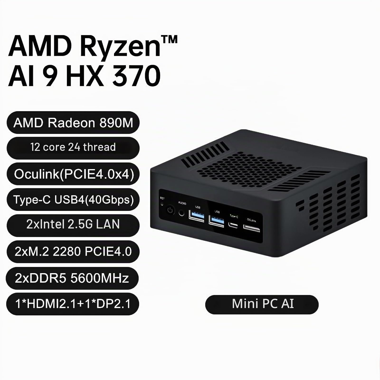 FakestarPC Mini PC Gamer Oculink Ryzen AI 9 HX 370 USB4 2x2.5G LAN 2xPCIe4 Desktop Gaming Computer Win11 WiFi6 16GB DDR5 512GB NVMe
