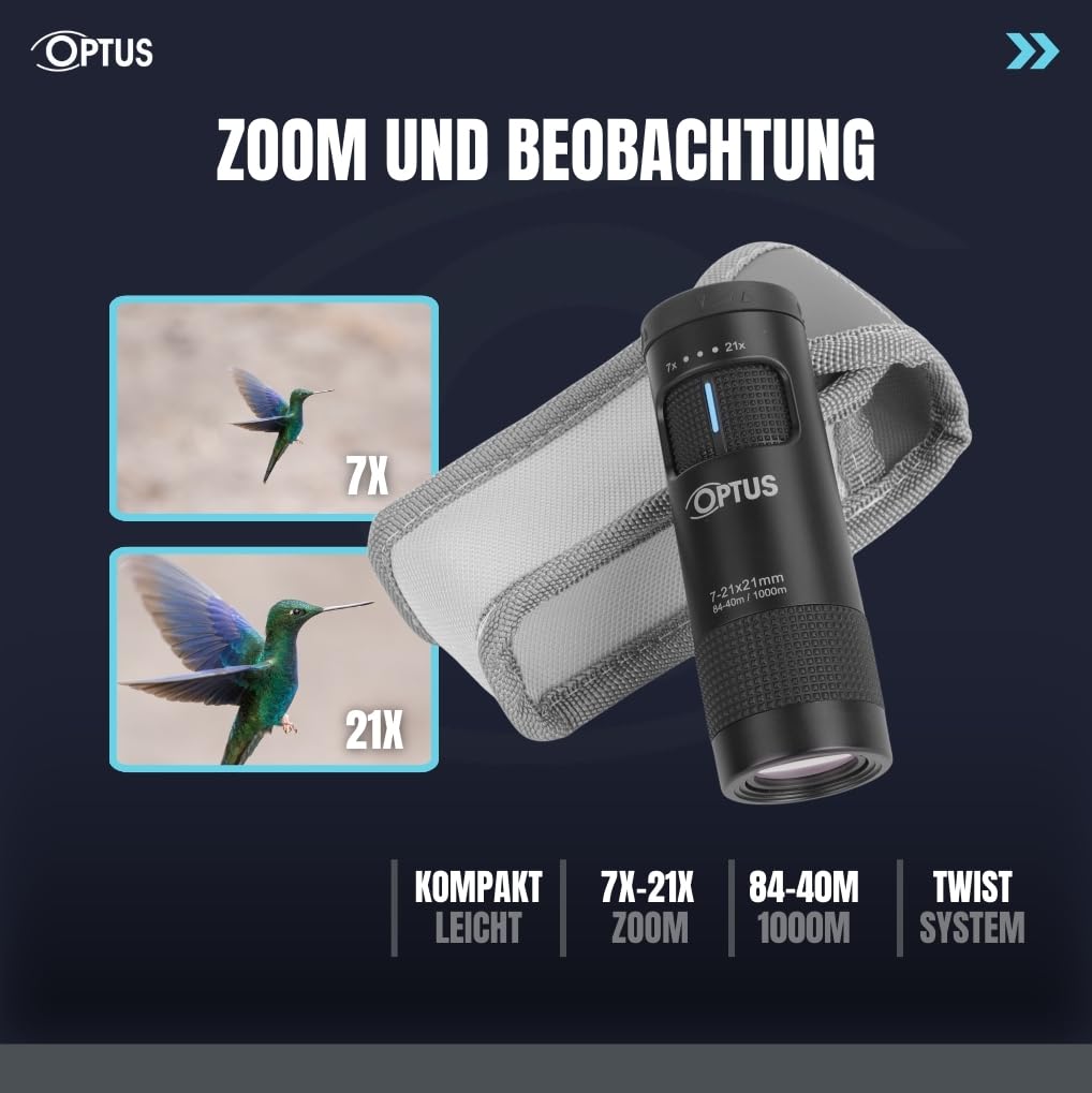 Optus Zoom Monokular 7-21x21 mit Stativanschluss Augenmuschel für Brillenträger kompaktes Fernrohr für Naturbeobachtung Jagd inkl. Tasche