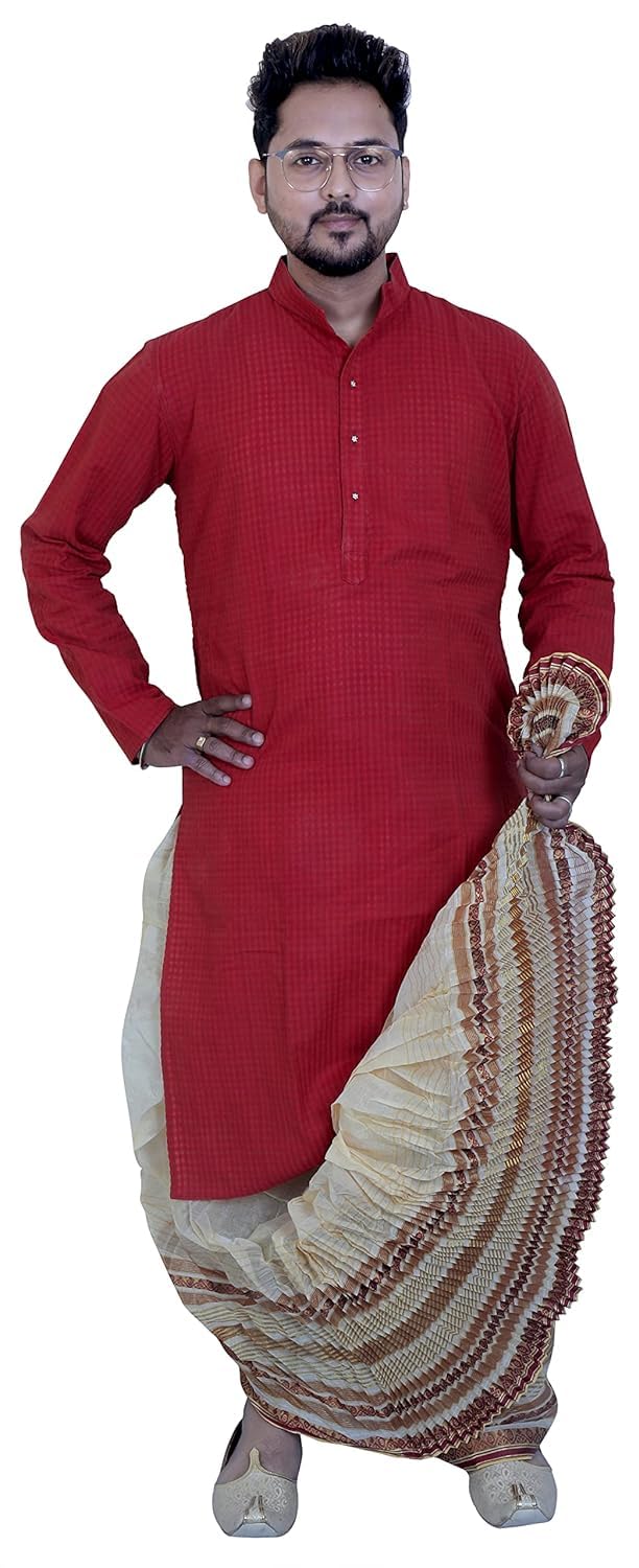 Pasupati Textile Men's 100% cotton Ready to Wear Mayur Puchha Dhoti/Traditional Pant Style Stitched Floral Zari Border Dhoti-Beige-image-24