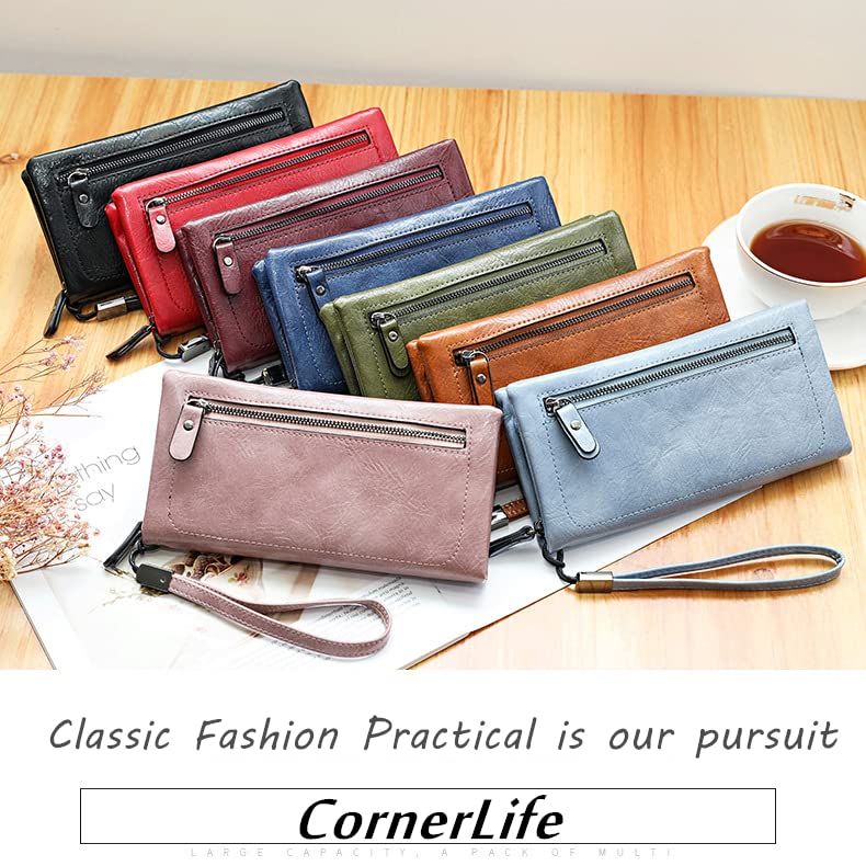 Women Zipper Wallets with Wristlet Large Capacity Long Clutch Checkbook Purse Wallet Oil Wax PU Leather4