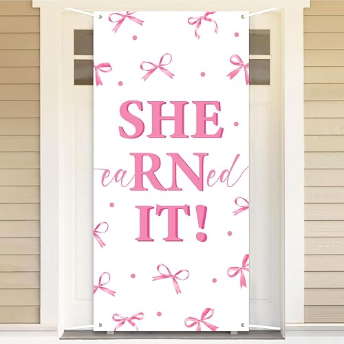 Nurse Graduation Decorations, Pink Bow She Earned It Door Cover Congrats RN Door