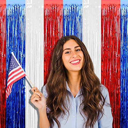 Image of 4 Pack 3.2Ft x 8.2Ft Independence Day Foil Fringe Curtain Backdrop, Red Blue White Metallic Tinsel Foil Fringe Streamers Curtains Background for Photo Booth, Birthday, Wedding, Party Decoration