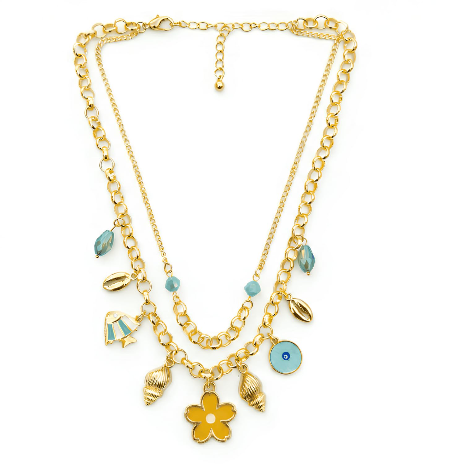 Gold Plated Layered Charm Necklace for Women | Multilayer Pendant Necklace with Evil Eye, Shell, Floral & Bird Charms | Boho Statement Jewellery | Adjustable Fashion Necklace for Party, Vacation & Daily Occassions-image-34