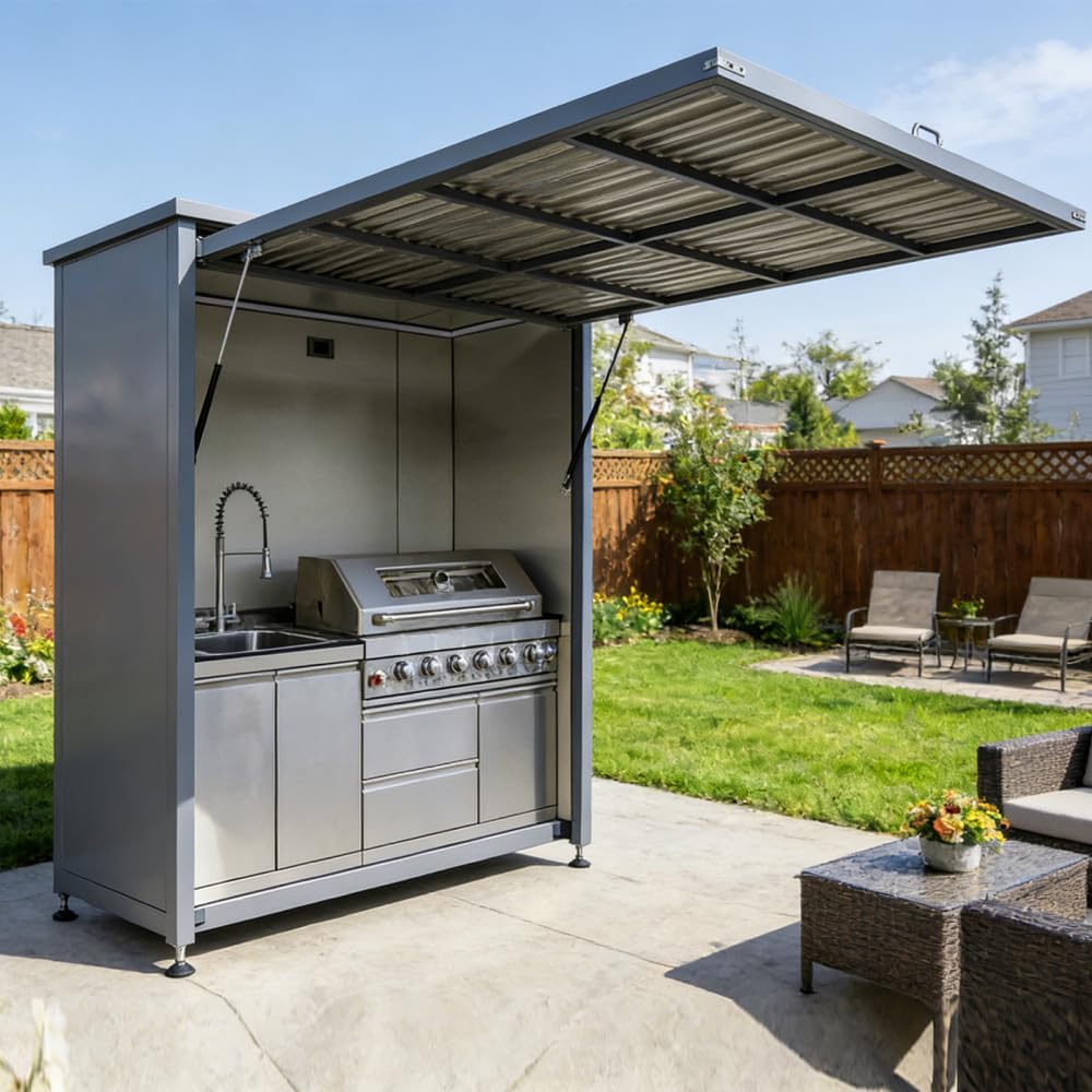 Outdoor Kitchen Station with 90,000 BTU Gas Grill, Stainless Steel Sink, Electric Rotisserie, and Marble Countertop for Patio, Backyard, and Deck
