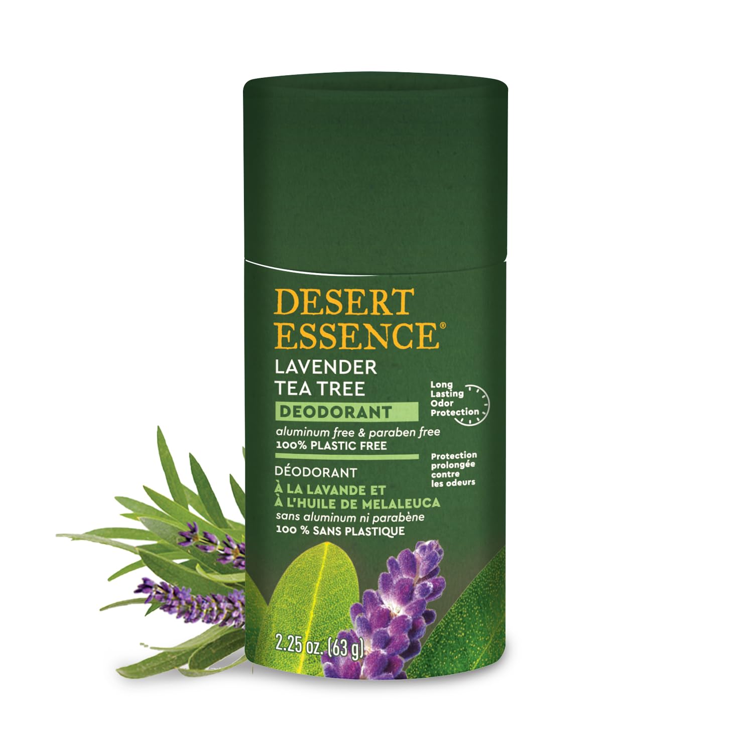 Desert Essence Eco-friendly Tea Tree Deodorant - 100% Plastic Free, Aluminum Free, & Paraben Free for Women & Men, 2.25 oz (Lavender)