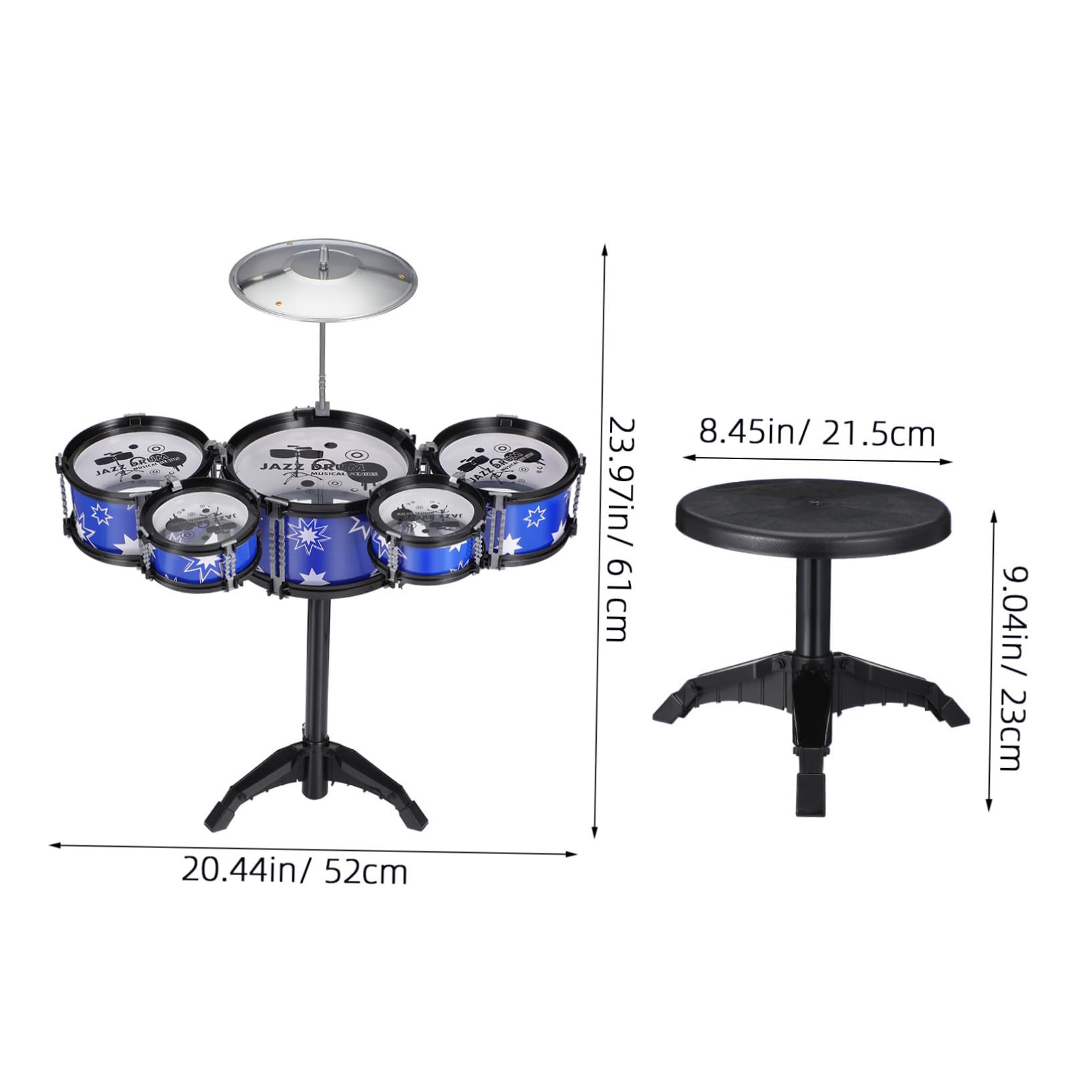 SUPVOX Set di Batteria 5 Tamburi in Plastica per Bambini 21 Pollici Strumenti Musicali Percussioni Sgabello e Bacchette , Gioco Educativo per Bambini Piccoli