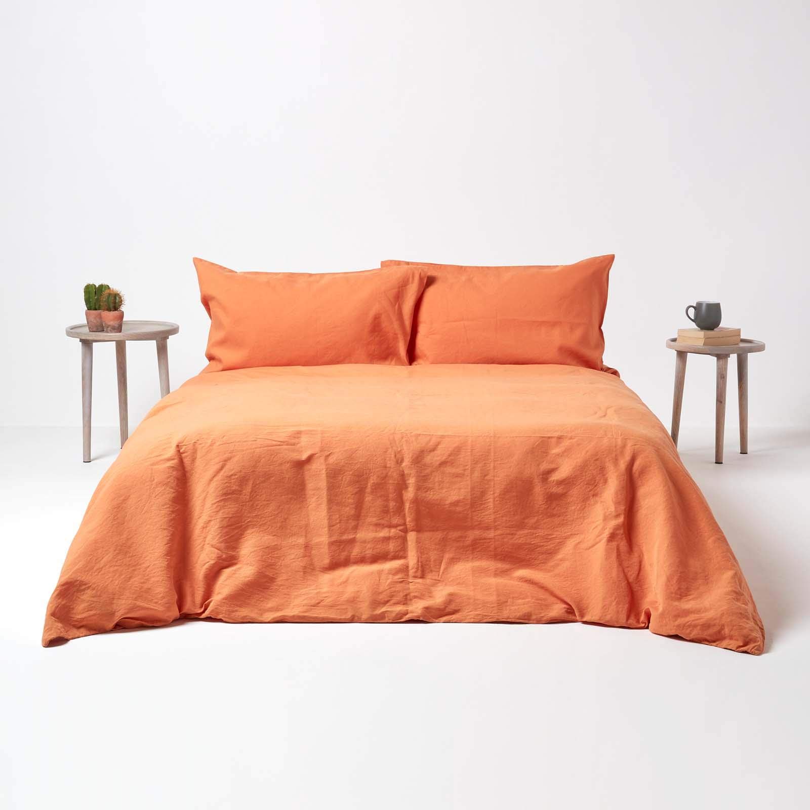 HOMESCAPES Leinen Spannbettlaken 120x190 cm orange, Halbleinen Bettlaken mit Gummizug aus 60% Leinen und 40% Baumwolle