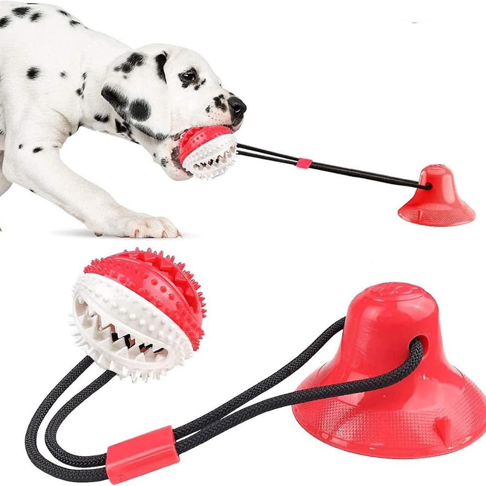 Pawcart Treat Dispensing Rope Ball Dog Toy with Suction Cup | Strong Dog Chew Toy for Aggressive Chewer Pets | Self-Playing Tug of War Rope + Squeaky with Teeth Cleaning Surface (White Red) (B0CRN6X632) Amazon Price History, Amazon Price Tracker
